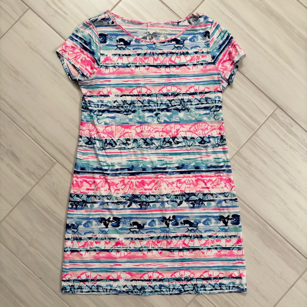 Lilly Pulitzer Pima Cotton Knit Shift Dress L Colorful Stripe Resort